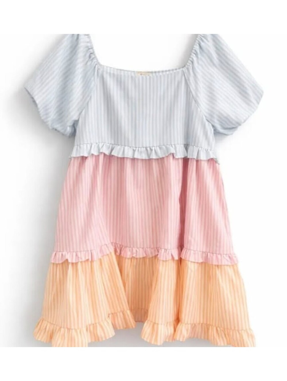 Bibi Colorblock Striped Puff Sleeve Tiered Dress Pastel Blue Pink Peach Size M